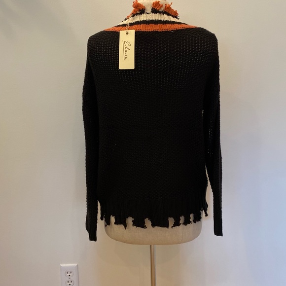 Elan Womens Black V Neck Distressed Sweater w Cream & Orange Border / M / NWT - Picture 5 of 13